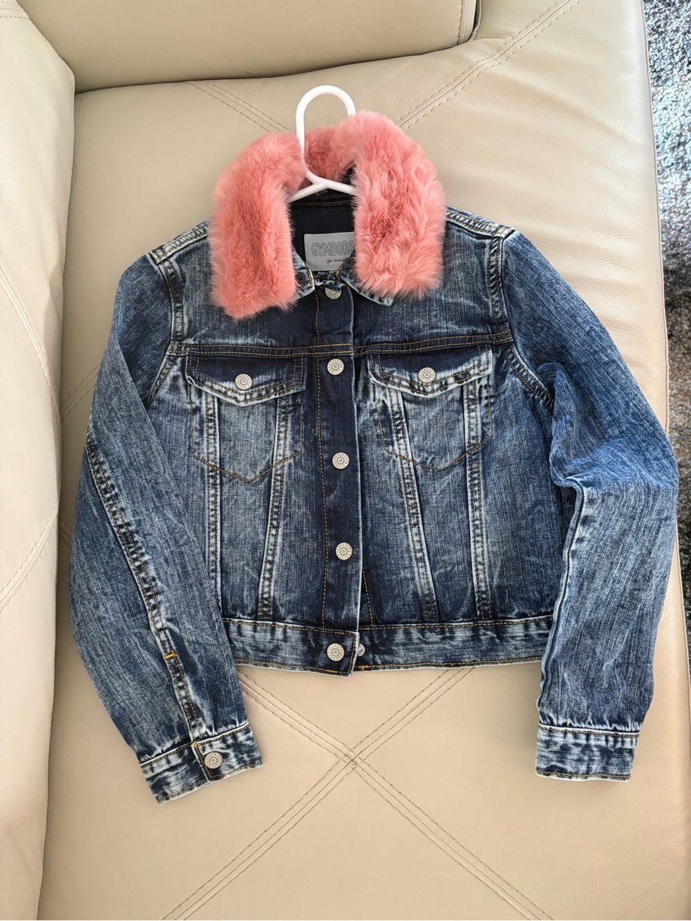 GYMBOREE Girls' Denim Jacket with Pink Faux Fur Collar